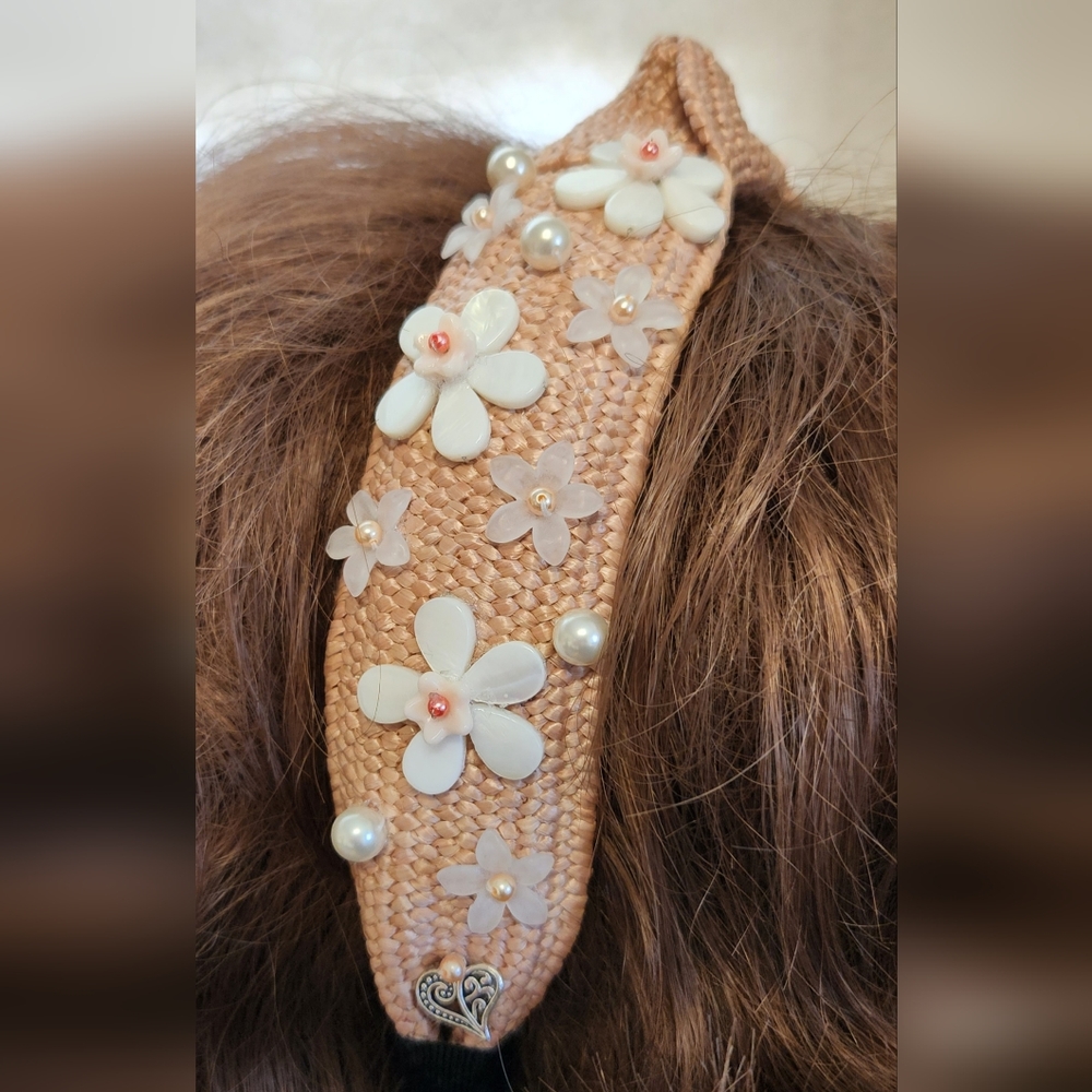 Handbeaded Pink Straw Rattan Headband One of a Kind - Picture 2 of 6